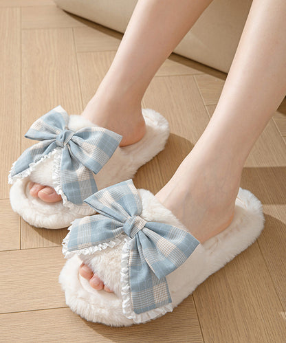 チェック柄 リボン ファー オープン スリッパ ルームシューズ