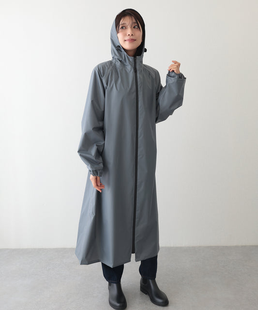 ソリッドカラー フーデット ロング ジップ レインコート