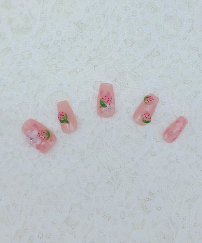 3D ストロベリー フラワー スクエア ネイルチップ
