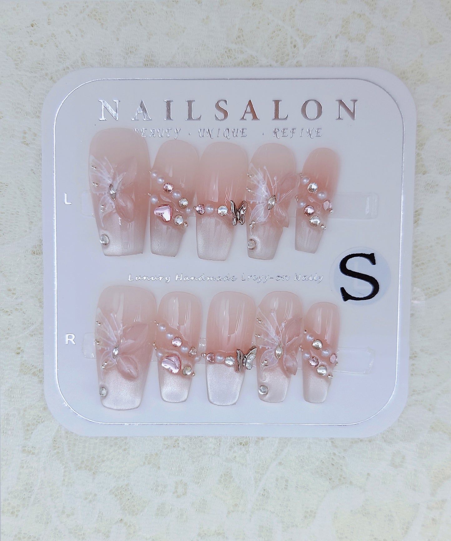 3D バタフライ ビジューライン フレンチ ネイルチップ