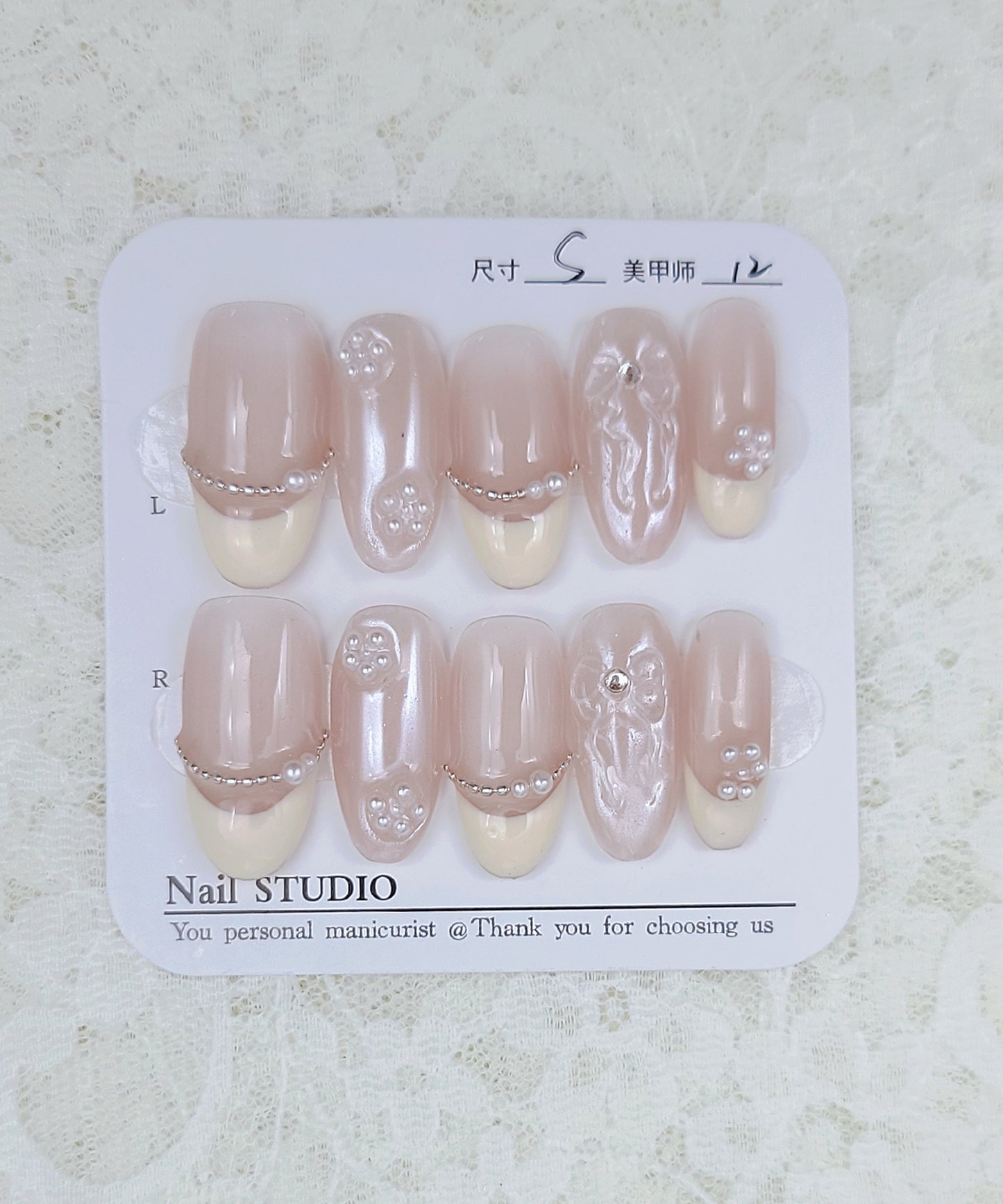 パール リボン フレンチ オーバル ネイルチップ