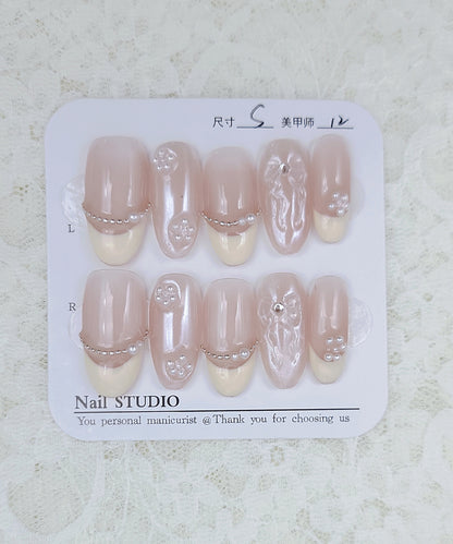 パール リボン フレンチ オーバル ネイルチップ