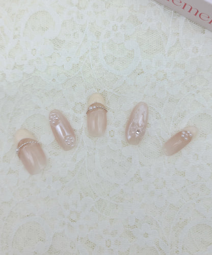 パール リボン フレンチ オーバル ネイルチップ