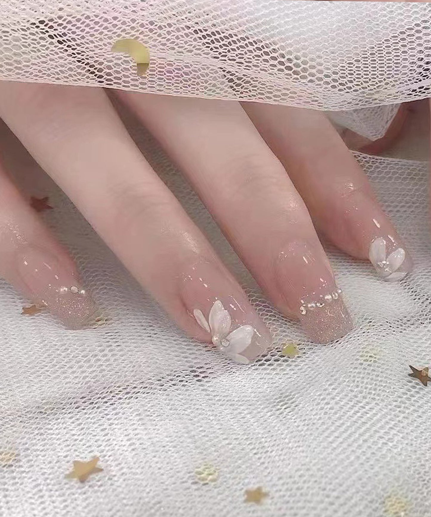 フラワー パール スクエア フレンチ ネイルチップ