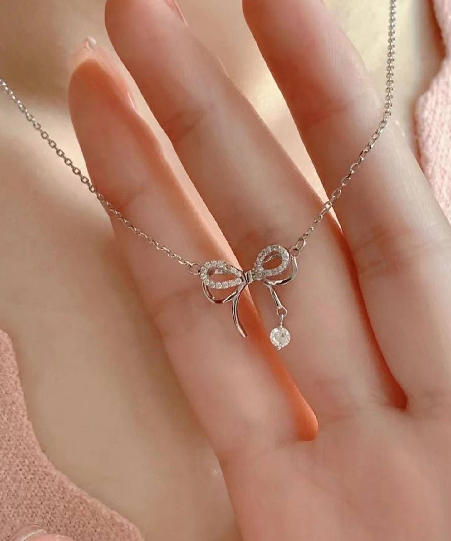 ビジュー付き ダブル リボン チェーン ネックレス