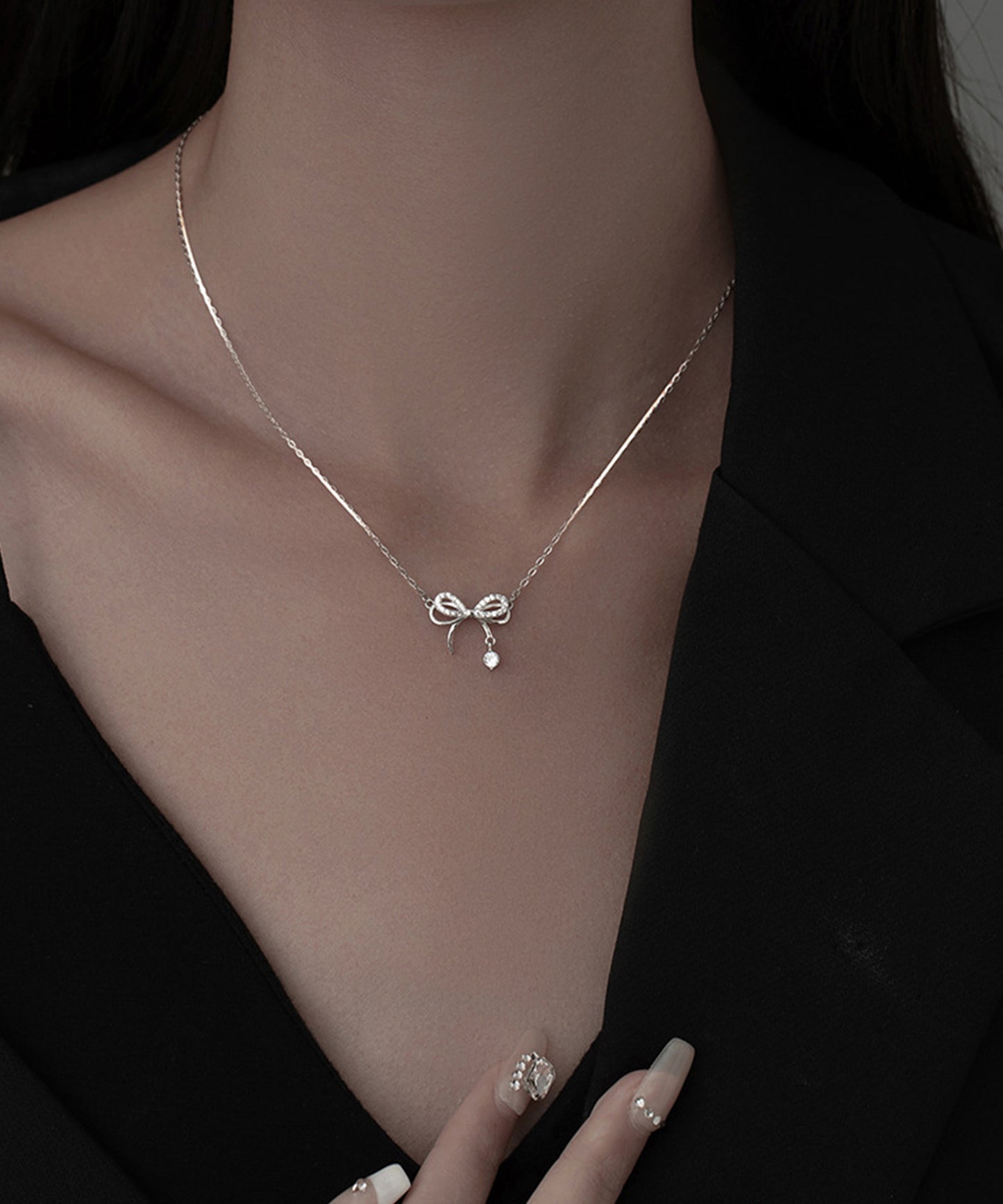 ビジュー付き ダブル リボン チェーン ネックレス