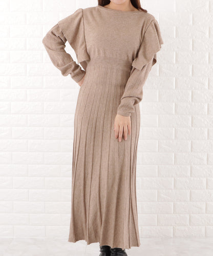 ショルダーフリル切替ニットワンピース