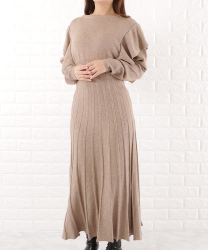 ショルダーフリル切替ニットワンピース