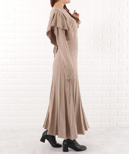 ショルダーフリル切替ニットワンピース