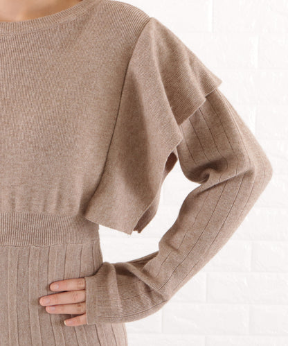 ショルダーフリル切替ニットワンピース