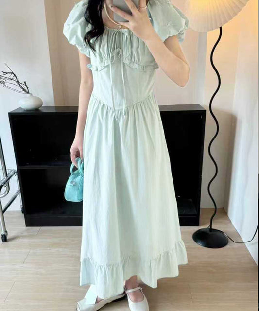 リボン付き パフスリーブ ギャザー ティアード ロング ワンピース