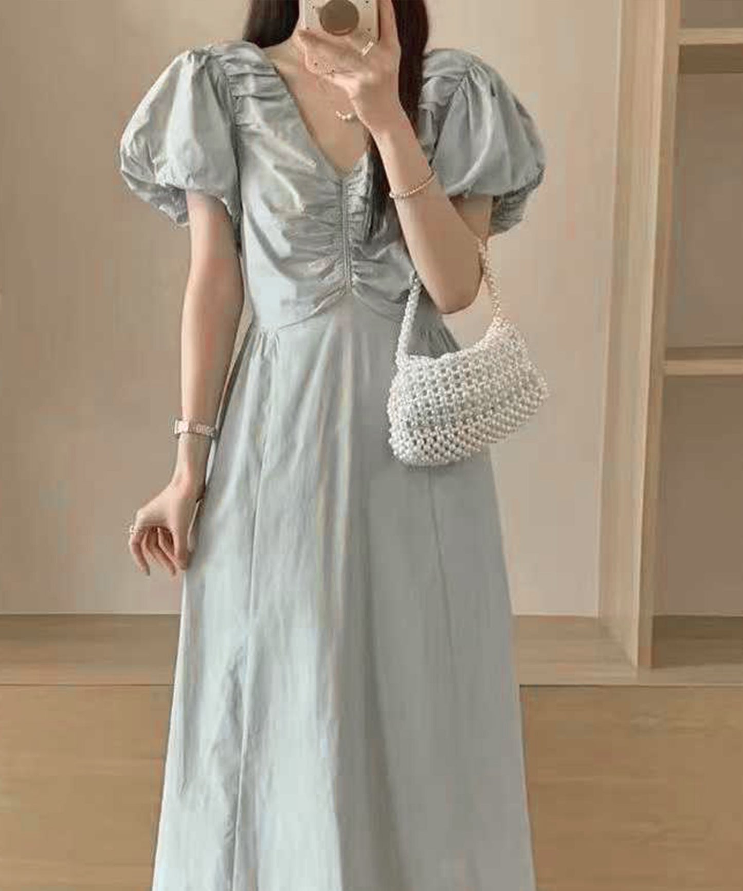 フロント シャーリング Vネック パフスリーブ ロング ワンピース