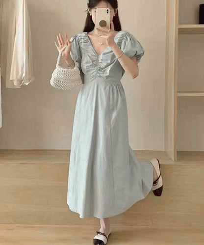 フロント シャーリング Vネック パフスリーブ ロング ワンピース