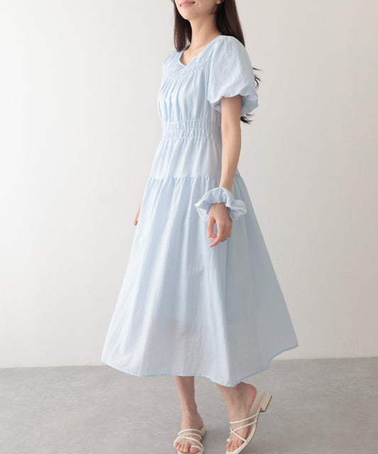 フロント シャーリング パフスリーブ ティアード ロング ワンピース