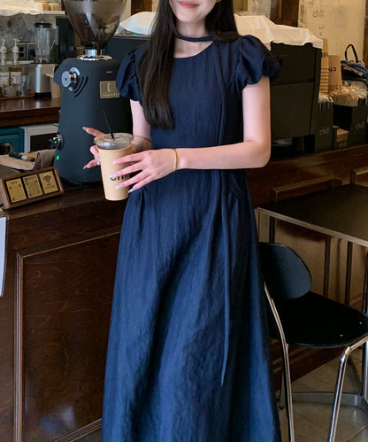 チョーカー付き クルーネック パフスリーブ ギャザー ロング ワンピース