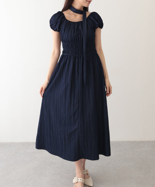 タイ付き パフスリーブ ギャザー ロング ワンピース