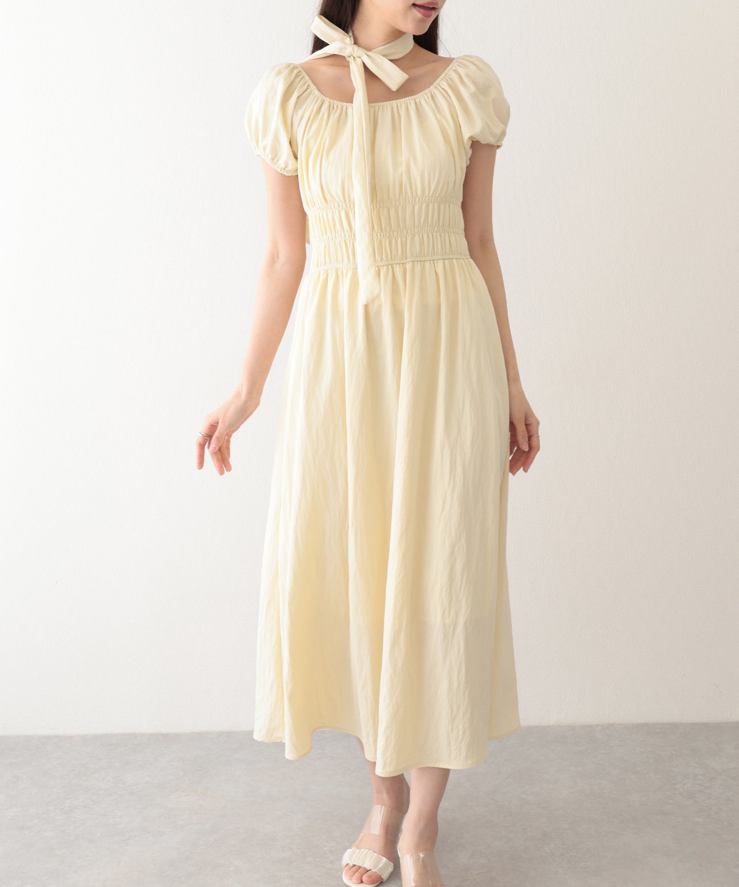タイ付き パフスリーブ ギャザー ロング ワンピース