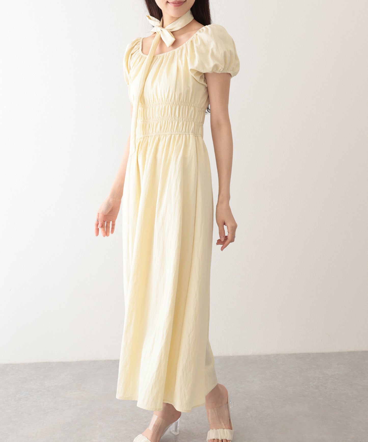 タイ付き パフスリーブ ギャザー ロング ワンピース