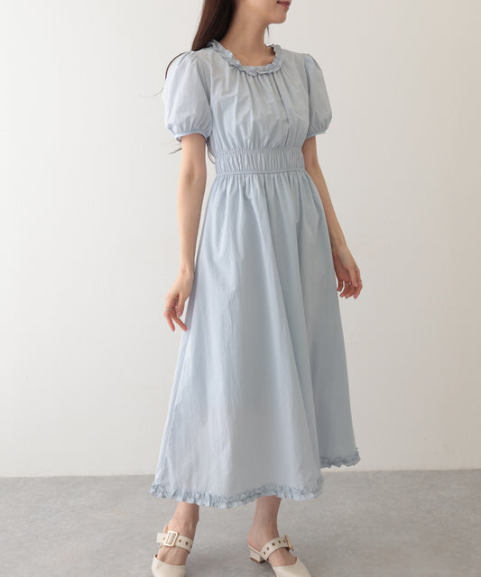 フリル ギャザー パフスリーブ ロング ワンピース