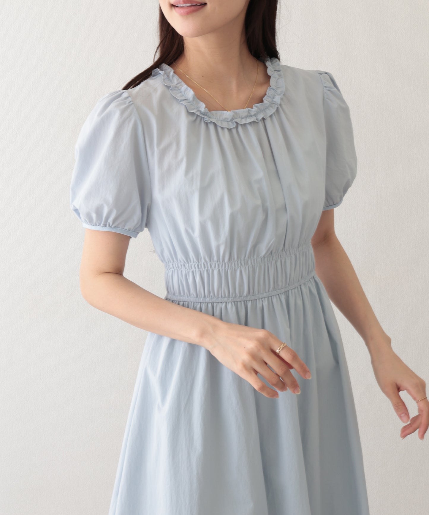 フリル ギャザー パフスリーブ ロング ワンピース
