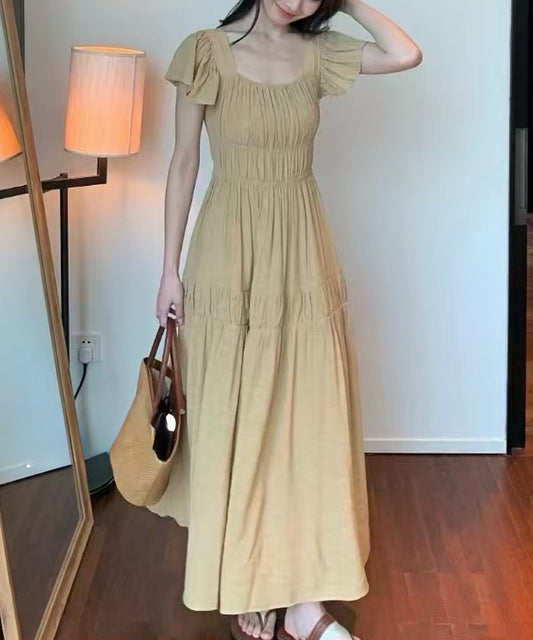 スクエアネック フレア袖 シャーリング ティアード ロング ワンピース