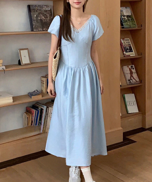 2WAY Vネック レース パフスリーブ オフショルダー ロング ワンピース