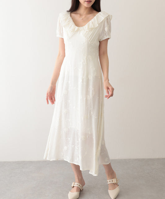 ボタニカル柄 フリル カラー ロング ドレス ワンピース