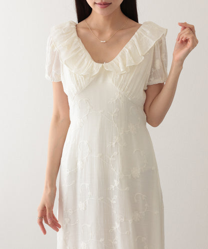 ボタニカル柄 フリル カラー ロング ドレス ワンピース