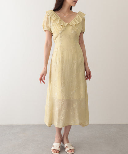 ボタニカル柄 フリル カラー ロング ドレス ワンピース