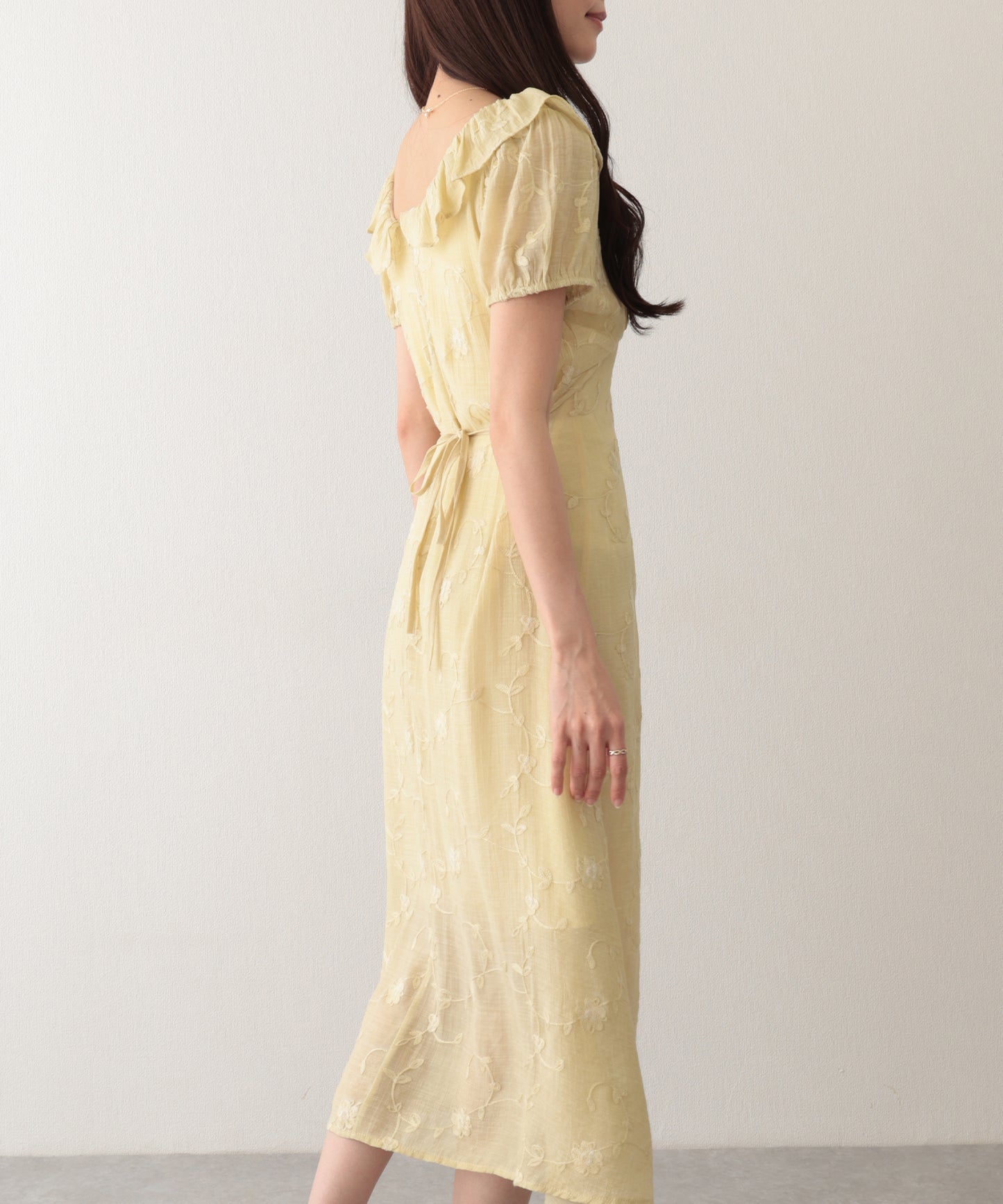 ボタニカル柄 フリル カラー ロング ドレス ワンピース