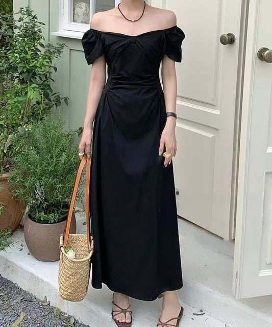 2WAY リボンデザイン パフスリーブ オフショルダー ロング ワンピース