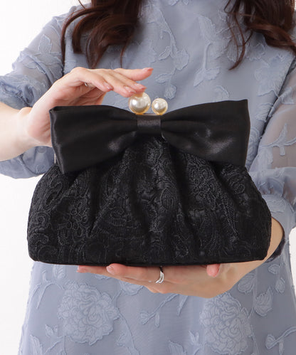 ビッグリボン レース×パール がま口 クラッチ バッグ