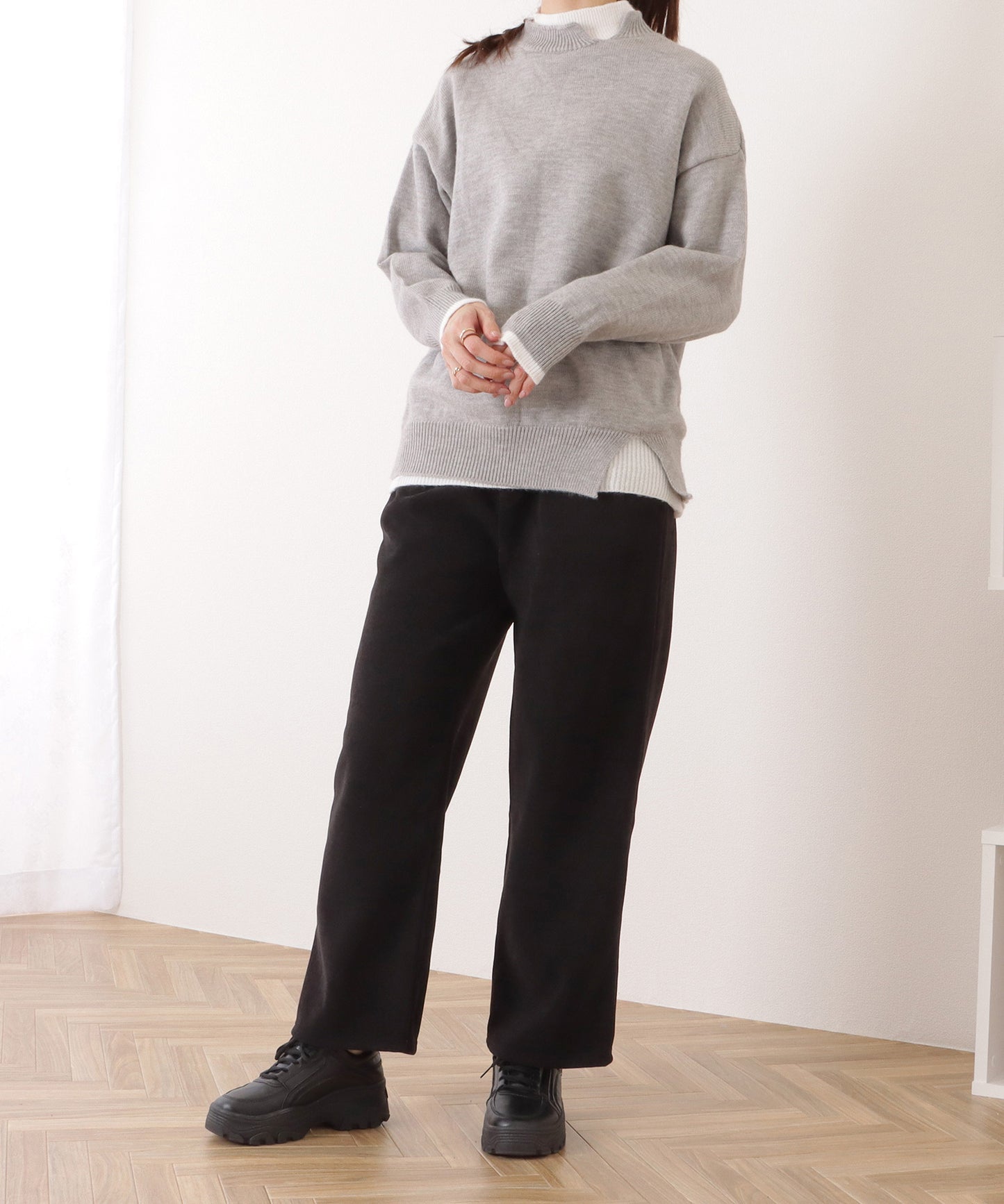 ハイウエストダブルボタンタックワイドパンツ