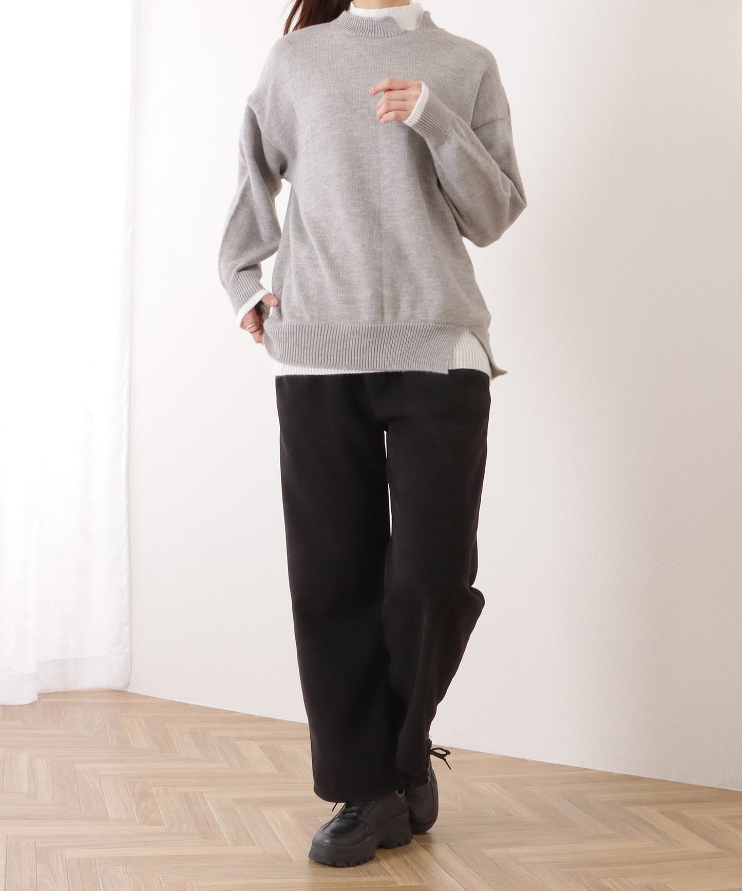 ハイウエストダブルボタンタックワイドパンツ