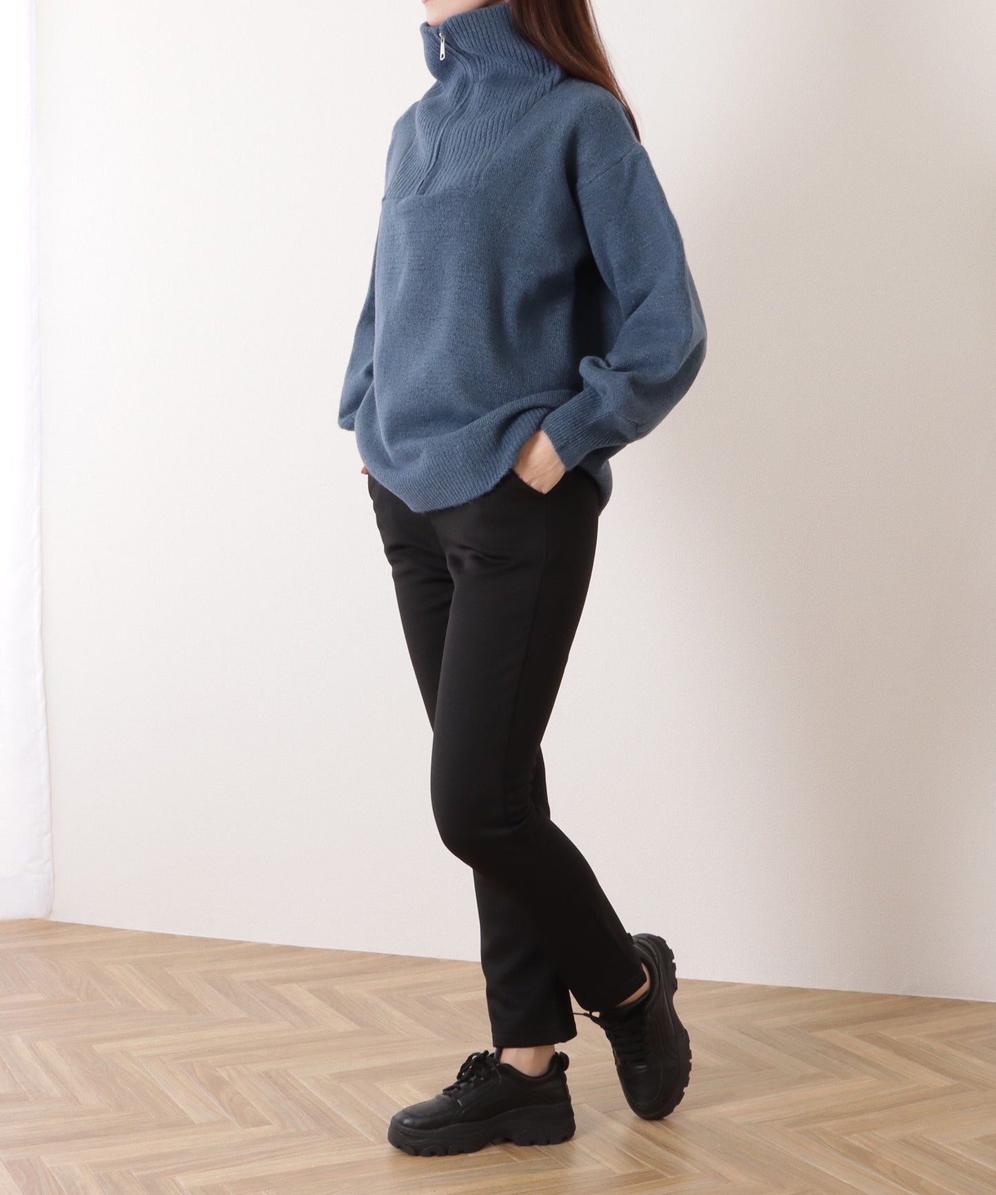 裏起毛ハイウエストストレッチストレートパンツ