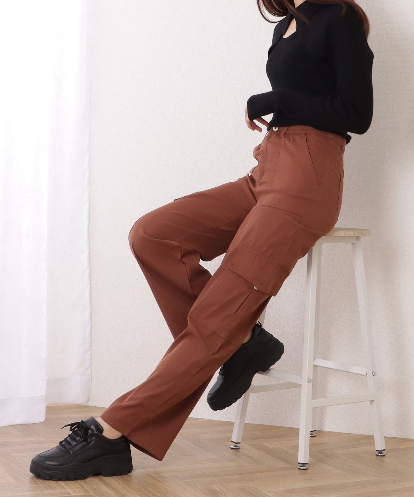 ハイウエスト ルーズ フィット ストレート カーゴ パンツ