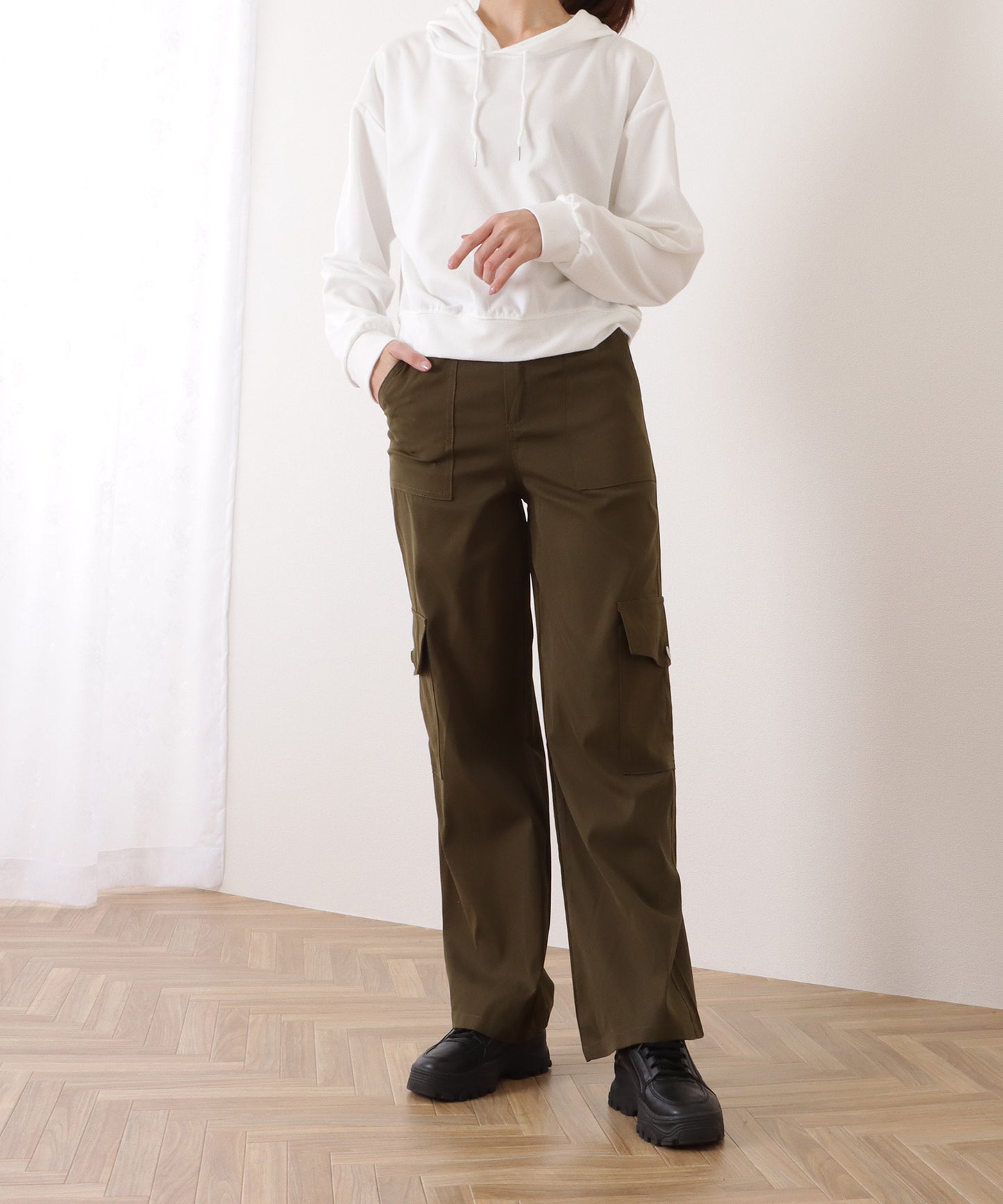 ハイウエスト ルーズ フィット ストレート カーゴ パンツ