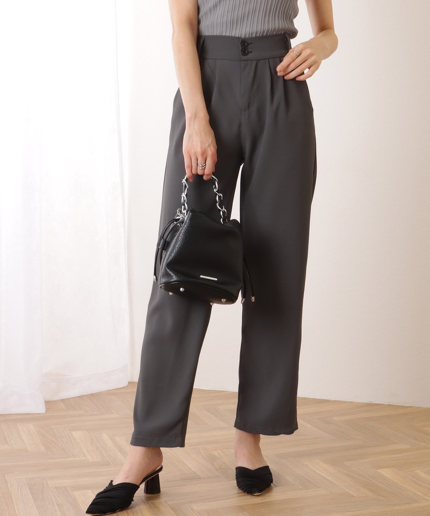 ダブルボタン ハイウエスト ストレート タックパンツ