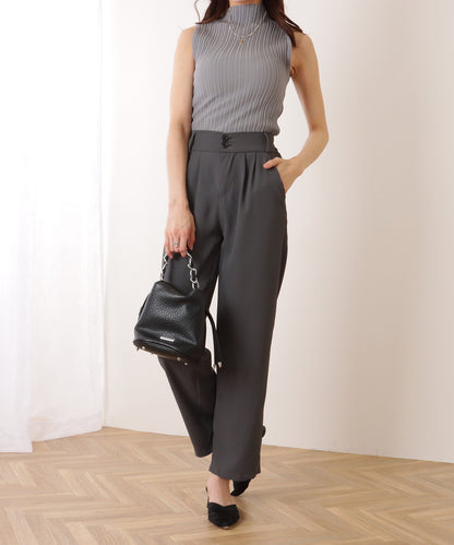 ダブルボタン ハイウエスト ストレート タックパンツ