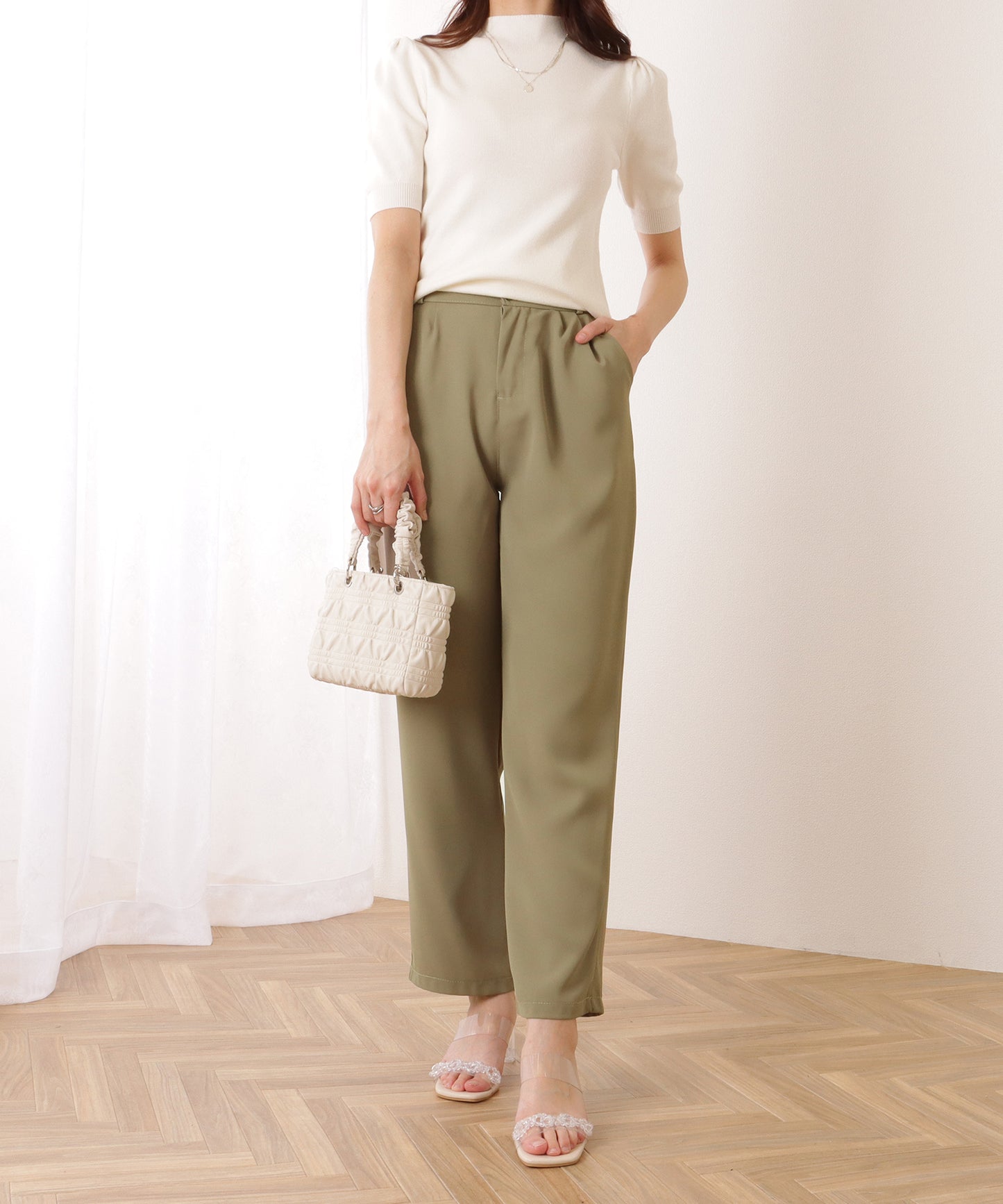 ダブルボタン ハイウエスト ストレート タックパンツ