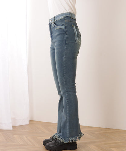 裾フリンジ スリム フレア デニム パンツ