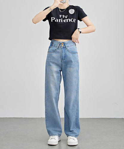 配色パッチ付き ハイウエスト ストレート デニム パンツ