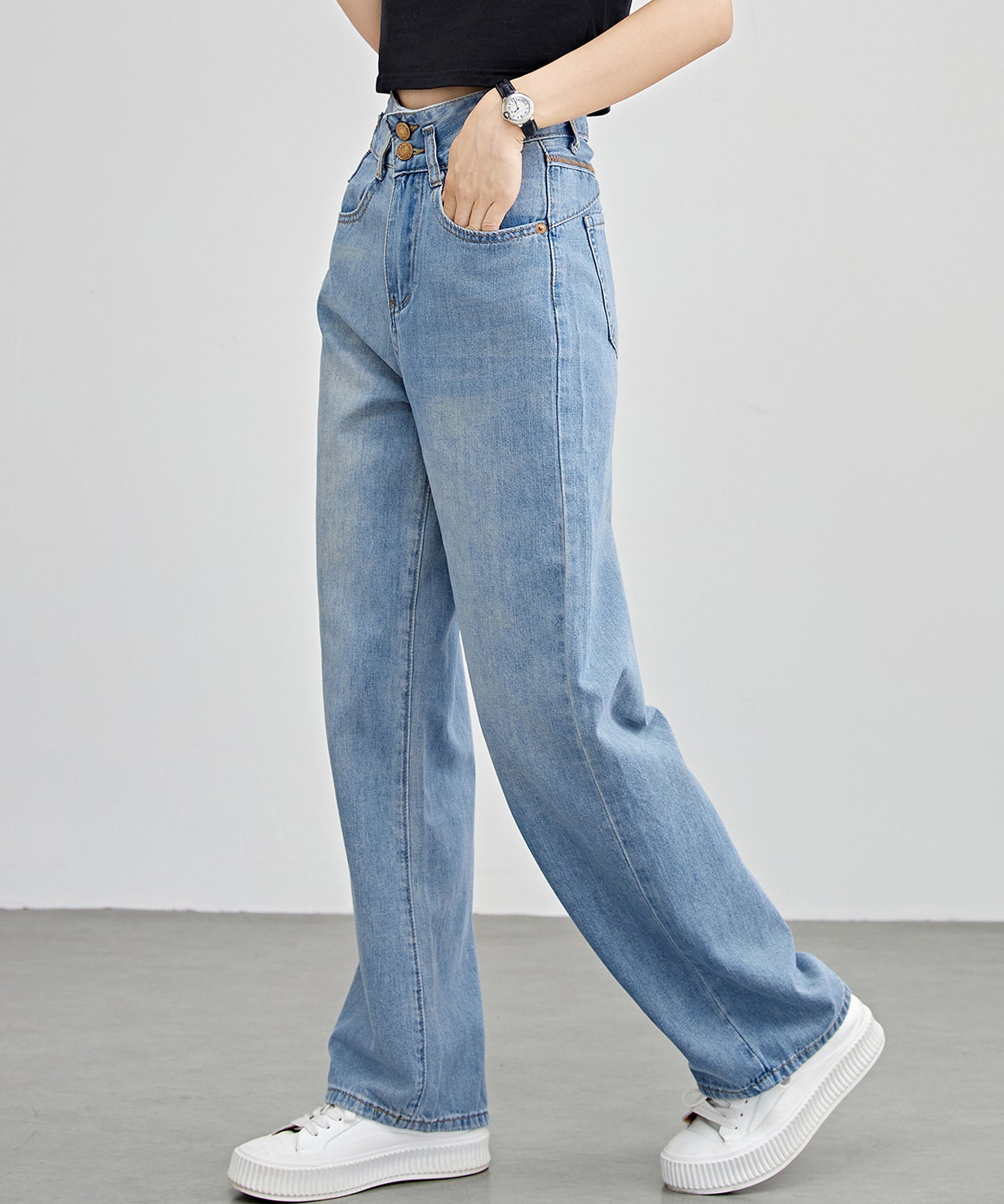 配色パッチ付き ハイウエスト ストレート デニム パンツ