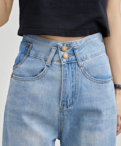 配色パッチ付き ハイウエスト ストレート デニム パンツ