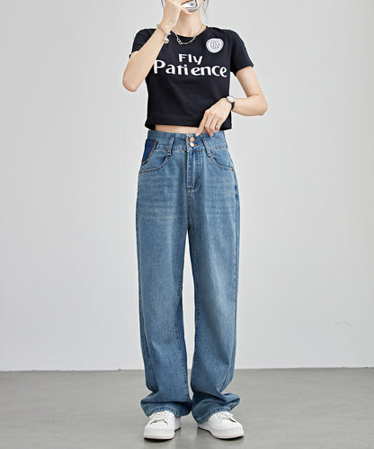 配色パッチ付き ハイウエスト ストレート デニム パンツ
