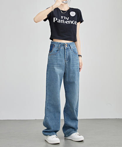 配色パッチ付き ハイウエスト ストレート デニム パンツ