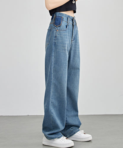 配色パッチ付き ハイウエスト ストレート デニム パンツ