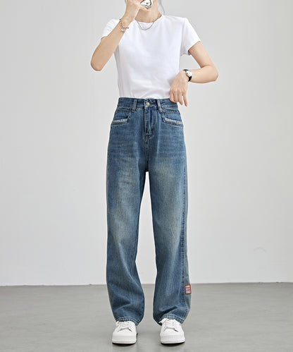 配色 ライン パッチワーク ストレート デニム パンツ