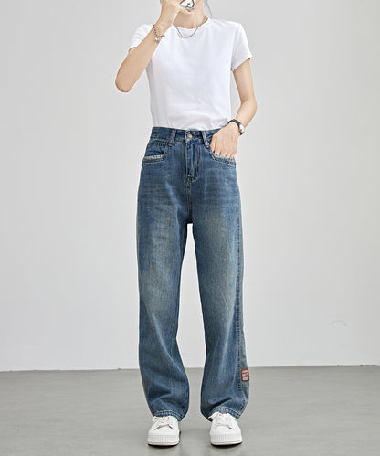 配色 ライン パッチワーク ストレート デニム パンツ
