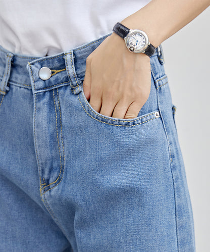 フラワー柄 ポケット付き ハイウエスト ストレート デニムパンツ
